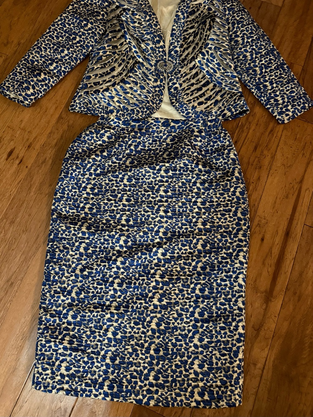 Women's Blue and Cream Leopard Midi Dress Set with Cropped Jacket